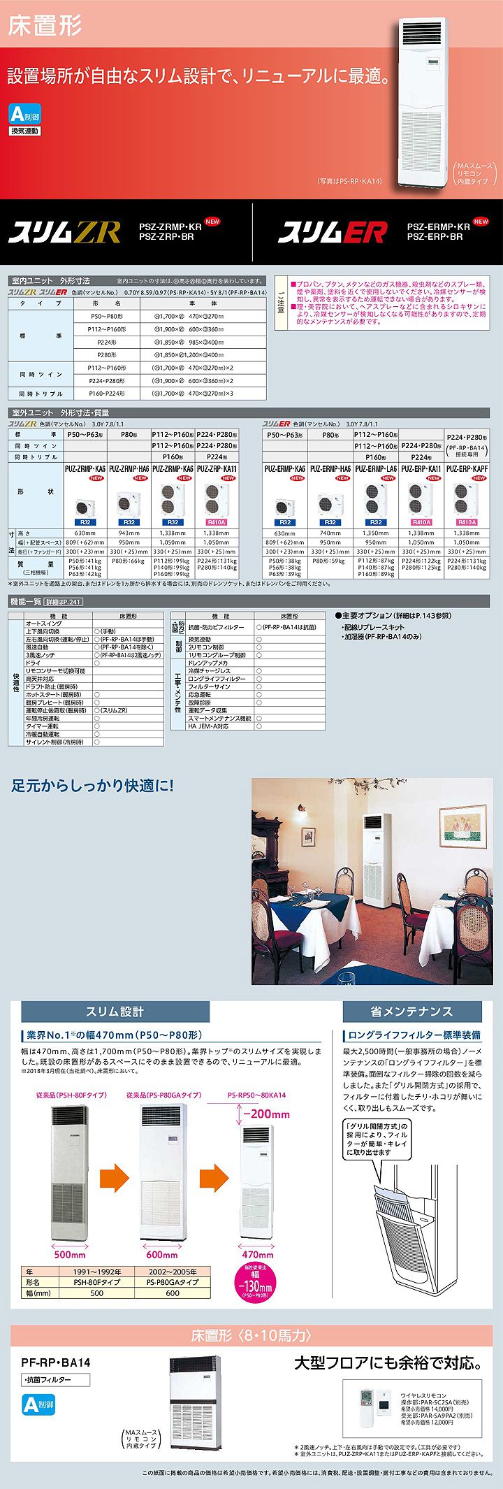 PSZ-ERMP80KR｜三菱電機 業務用エアコン スリムER 床置形 3馬力 シングル 標準省エネ 三相200V ワイヤード