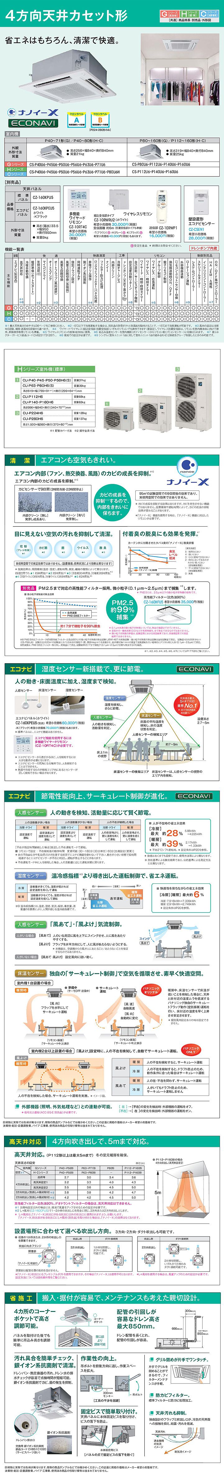 PA-P140U6HN｜パナソニック 業務用エアコン Hシリーズ 4方向天井カセット形 5馬力 シングル 標準省エネ 三相200V ワイヤード が激安・格安・大特価｜設備.com